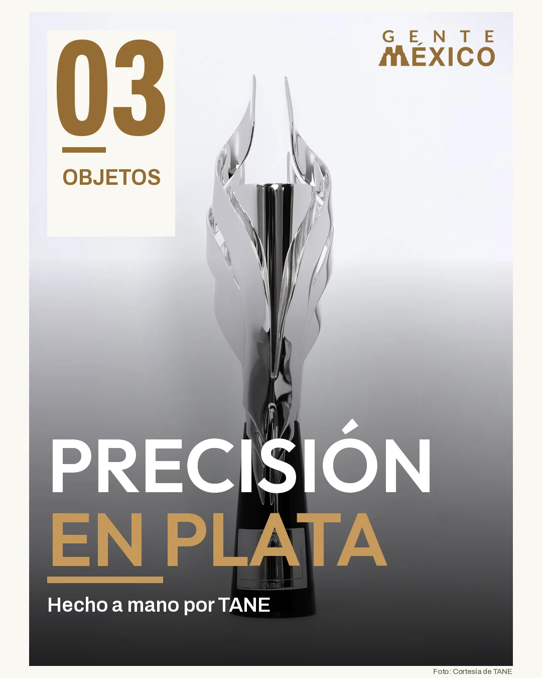 Portada de Objetos: «Precisión en plata», la réplica del trofeo del Gran Premio de la Ciudad de México hecha a mano por TANE en plata y obsidiana.