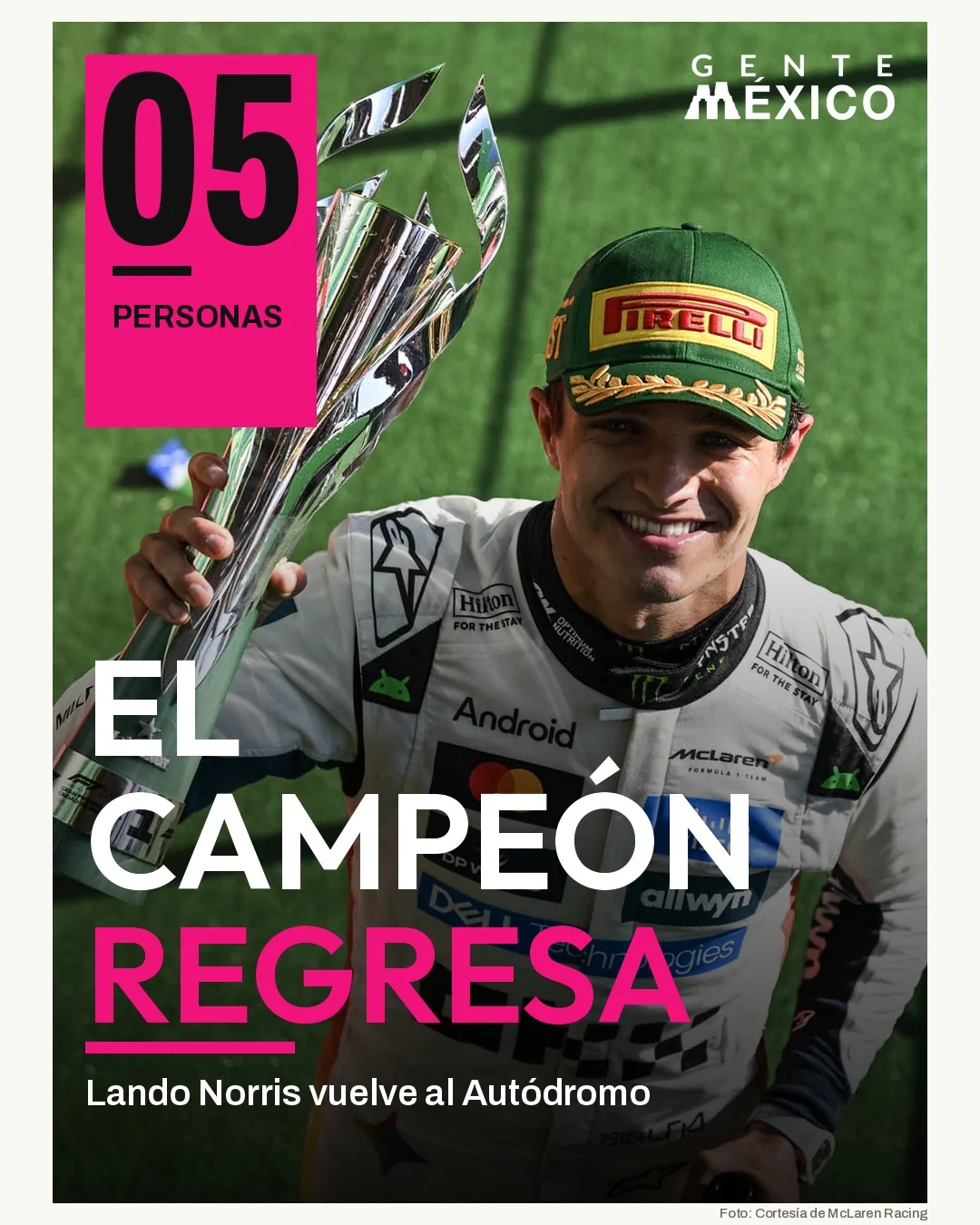 Portada de Personas: «El campeón regresa», con Lando Norris y el trofeo del Gran Premio de la Ciudad de México 2025.